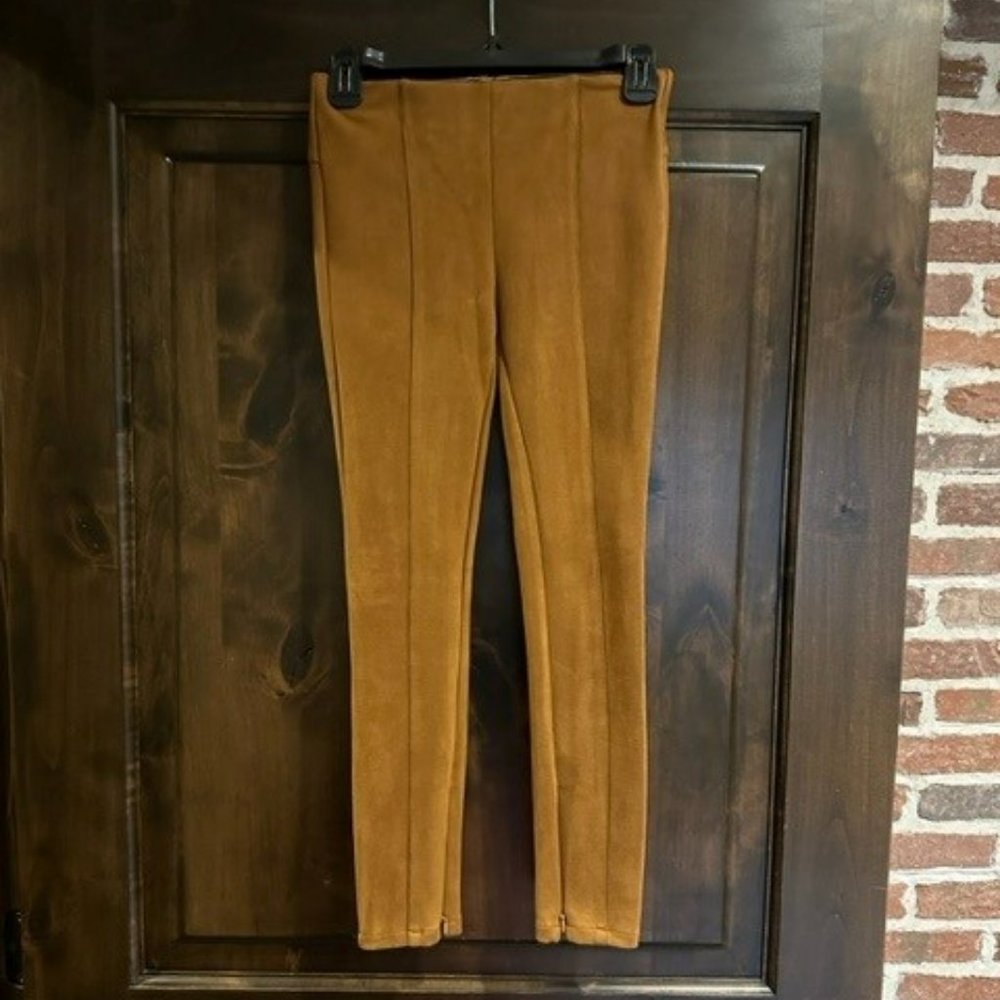 By Anthropologie - Camel brown faux suede skinny pull on pants zip hems, sz 25p